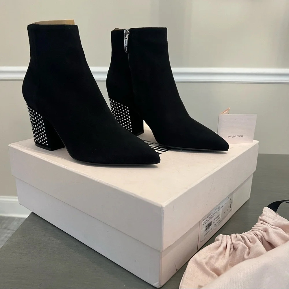 Sergio Rossi Black Suede Ankle Bootie Crystal Embellished 75 Block Heel Zip 5 35